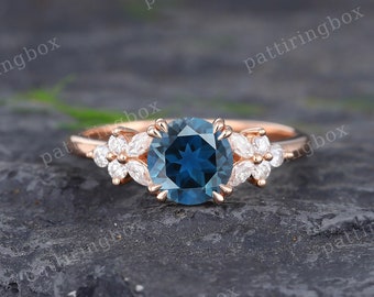 Vintage London Blue Topaz engagement ring Rose gold engagement ring Diamond Cluster ring Marquise cut ring Bridal Anniversary Promise ring