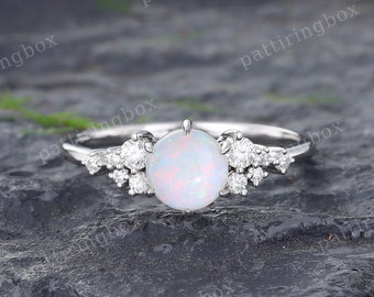 Opal engagement ring Vintage White gold engagement ring Unique Diamond Cluster ring Art Deco Bridal ring Anniversary Promise ring gift