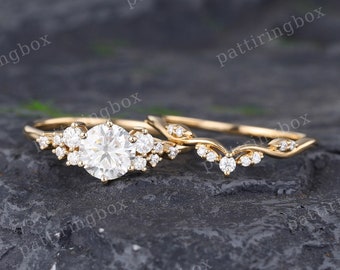 Moissanite engagement ring set Yellow gold engagement ring Vintage Unique Bridal set Diamond wedding Curved Anniversary Promise ring gift