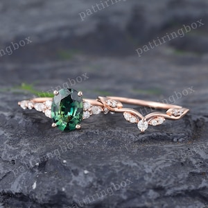 Vintage Oval Teal sapphire engagement ring set rose gold engagement ring Unique Bridal set Marquise Diamond Curved Anniversary Promise ring