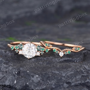 Moissanite engagement ring set Rose gold vintage ring Unique Emerald Green blue sapphire Diamond wedding ring Anniversary Promise gift