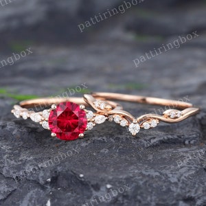 Ruby engagement ring set Rose gold engagement ring Vintage Moissanite Diamond ring Unique Curved band Bridal ring Anniversary Promise ring