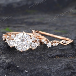 8mm Moissanite engagement ring set Rose gold engagement ring Vintage Unique Bridal set Diamond wedding Curved Anniversary Promise ring gift