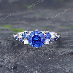 Vintage Sapphire engagement ring White gold engagement ring Unique Moissanite Diamond wedding ring Bridal ring Anniversary ring Promise gift