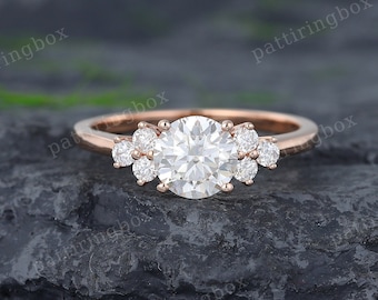 Unique Rose gold Moissanite engagement ring Vintage engagement ring Diamond Prong set Bridal Cluster ring Anniversary Promise ring For women