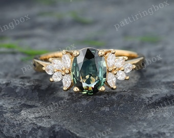 Oval Teal Sapphire engagement ring Vintage Yellow gold engagement ring Marquise Diamond ring Unique Wedding Anniversary Promise Bridal ring