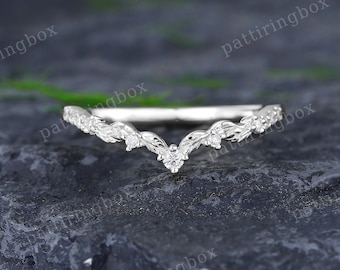 Aliança de casamento em filigrana de moissanita, ouro branco, diamante, curva, estilo art déco com folhas, alianças combinando, estilo vintage, aliança de compromisso para mulheres.