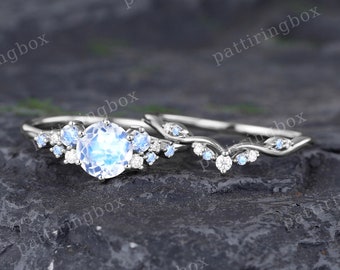 Vintage Moonstone engagement ring set White gold engagement ring Unique Bridal set Art Deco Diamond wedding Curved Anniversary Promise ring
