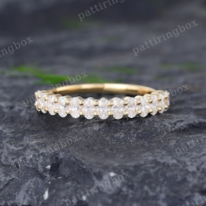 Half eternity Moissanite wedding band Vintage Oval cut Yellow gold wedding band Matching Stackable ring Delicate Anniversary Promise ring