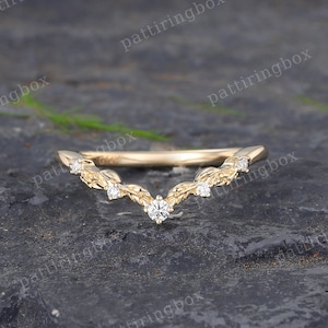Moissanite Filigraner Ehering Gelbgold Diamant Geschwungener Ehering Art Deco Blatt Passender Stapelring Vintage Versprechensband für Frauen
