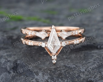 Kite cut Moissanite engagement ring set Unique Rose gold Diamond ring Vintage Open wedding band Bridal set Anniversary Promise ring set