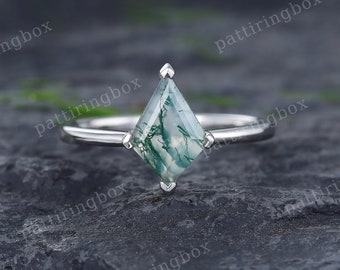 Kite shaped Moss agate engagement ring Unique White gold Solitaire ring Vintage Art deco Bridal wedding Anniversary Promise ring for women