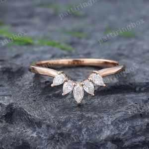 Unique Pear cut wedding band Moissanite|Diamond Rose gold Curved wedding band Art deco Matching Stacking band Vintage Promise band for women