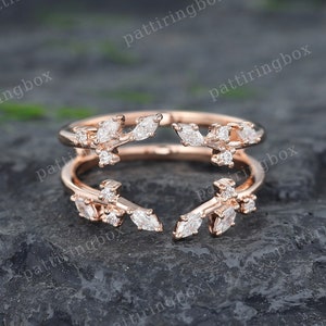 Marquise Curved wedding band Ring Enhancer Unique Moissanite Rose gold Double wedding band Art deco Cluster Matching Stacking band Promise
