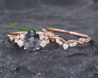Pear shaped Black rutilated quartz engagement ring set Rose gold engagement ring Vintage Bridal set Diamond wedding Anniversary Promise ring