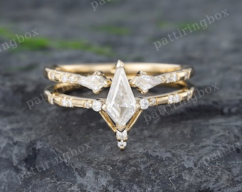 Kite cut Moissanite engagement ring set Unique Yellow gold Diamond ring Vintage Open wedding band Bridal set Anniversary Promise ring set