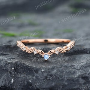 Moonstone Filigree wedding band Vintage Rose gold Diamond Curved wedding band Art deco Leaf Matching Stacking band Unique Promise band gift