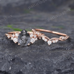 Pear shaped Black rutilated quartz engagement ring set Rose gold engagement ring Vintage Bridal set Diamond wedding Anniversary Promise ring