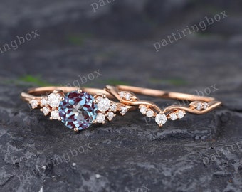 Unique Alexandrite engagement ring set Rose gold engagement ring Vintage Bridal set Diamond Curved ring Wedding Anniversary Promise ring