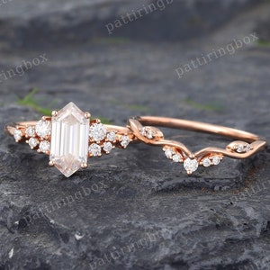 Elongated Hexagon cut Moissanite engagement ring set Rose gold engagement ring Vintage Bridal set Diamond wedding Anniversary Promise ring