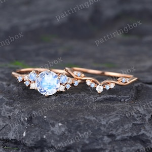 Vintage Moonstone Engagement Ring Set Yellow Gold Engagement Ring Unique Bridal Set Art Deco Diamond Wedding Curved Anniversary Promise Ring Etsy