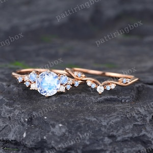 Vintage Moonstone engagement ring set rose gold engagement ring Unique Bridal set Diamond wedding Curved Anniversary Promise ring gift image 1