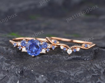 Vintage Sapphire engagement ring set rose gold engagement ring Unique Bridal set Diamond wedding Curved Anniversary Promise ring set gift