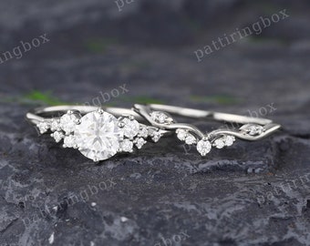 Moissanite engagement ring set White gold engagement ring Vintage Unique Bridal set Diamond wedding Curved Anniversary Promise ring gift