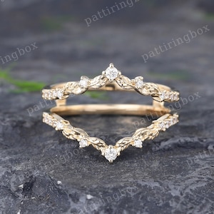 Vintage Curved wedding band Ring Enhancer Unique Moissanite Yellow gold Double wedding band Art deco Cluster Matching Stacking band Promise