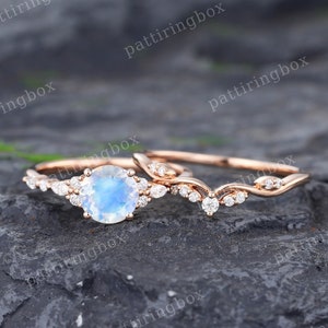 Moonstone engagement ring set Rose gold engagement ring Vintage Moissanite Diamond ring Unique Curved band Bridal Anniversary Promise ring