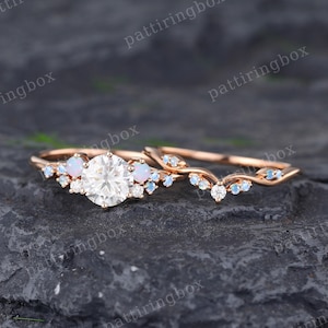 Moissanite engagement ring set Rose gold vintage ring Unique Curved Moonstone Opal Diamond wedding ring Anniversary Promise gift for women