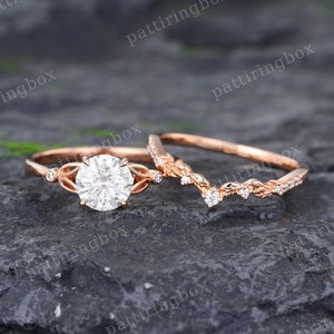 Moissanite engagement ring set rose gold engagement ring Vintage Unique Bridal set Diamond wedding Curved Anniversary Promise ring gift