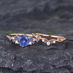 Vintage Sapphire engagement ring set rose gold engagement ring Unique Bridal set Diamond wedding Curved Anniversary Promise ring set gift