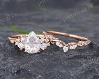 Pear shaped Moissanite engagement ring set Rose gold engagement ring Vintage Bridal set Diamond wedding Curved Anniversary Promise ring gift