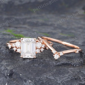 Rose gold Moissanite engagement ring set Vintage Emerald cut engagement ring Diamond Cluster Simple band Art deco Bridal Anniversary ring