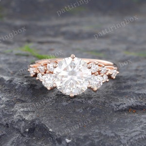 8mm Moissanite engagement ring Vintage Unique Rose Gold engagement ring Diamond Prong set Bridal Cluster Anniversary Promise ring For her