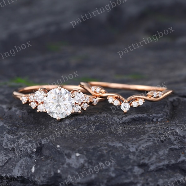 Anillo de compromiso Moissanite conjunto anillo de compromiso de oro rosa Vintage único conjunto nupcial diamante boda curvado aniversario promesa anillo regalo