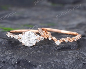 Moissanite engagement ring set rose gold engagement ring Vintage Unique Bridal set Diamond wedding Curved Anniversary Promise ring gift