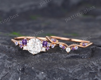 Moissanite engagement ring set Rose gold vintage ring Unique Diamond Amethyst Tanzanite wedding ring Anniversary Promise gift for women