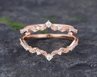 Vintage Curved wedding band Ring Enhancer Unique Moissanite Rose gold Double wedding band Art deco Cluster Matching Stacking band Promise