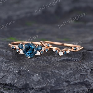 Vintage London Blue Topaz engagement ring set rose gold engagement ring Unique Bridal set Diamond wedding Curved Anniversary Promise ring