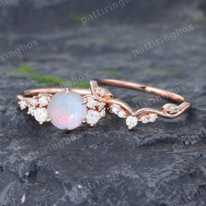 Opal engagement ring set Rose gold engagement ring Unique Bridal set Vintage Diamond Curved ring Art Deco Anniversary Promise gift for her