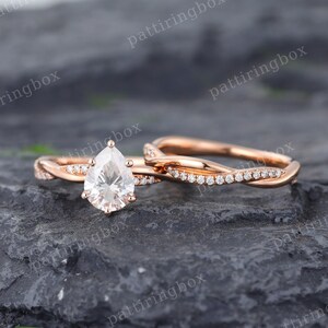 Pear Moissanite engagement ring set Vintage Unique Rose gold Twisted bridal set Infinity Diamond Wedding ring Anniversary Promise ring her