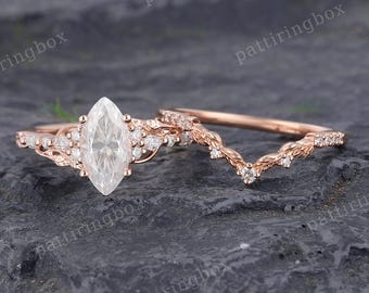 Anillo de compromiso de moissanita con corte marquesa, alianza de boda de filigrana en oro rosa, anillo de racimo botánico de hojas, anillo de promesa de aniversario