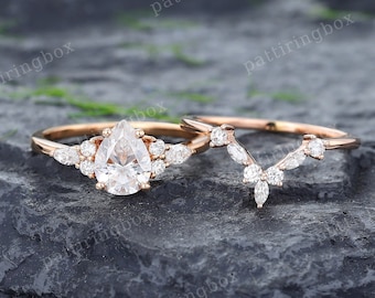 Pear Moissanite engagement ring set Unique Rose gold Marquise Diamond Cluster ring Vintage Bridal Set Anniversary Promise ring women gift