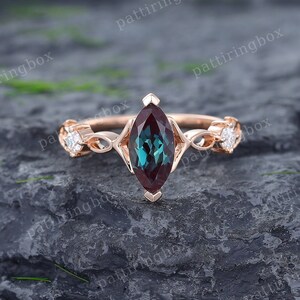 Unique Marquise Alexandrite engagement ring Vintage Rose gold engagement ring Diamond ring Bridal Wedding Anniversary Promise ring for women