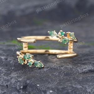 Marquise Moss Agate Curved wedding band Ring Enhancer Unique Emerald Yellow gold Double wedding band Art deco Cluster Matching Stacking band