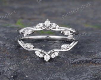 White gold Moissanite Enhancer wedding band Unique Diamond Curved wedding band Matching Stacking band Vintage Promise Double wedding band