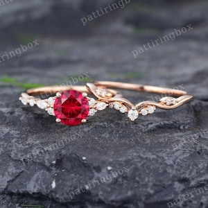 Ruby engagement ring set Rose gold engagement ring Vintage Moissanite Diamond ring Unique Curved band Bridal ring Anniversary Promise ring