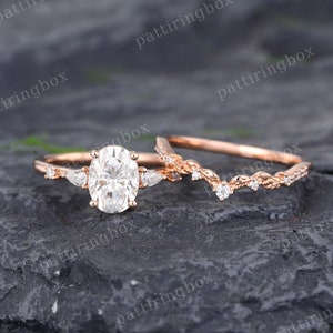 Oval Moissanite engagement ring set Vintage Unique Rose gold engagement ring Filigree Diamond Curved Wedding band Anniversary Bridal set